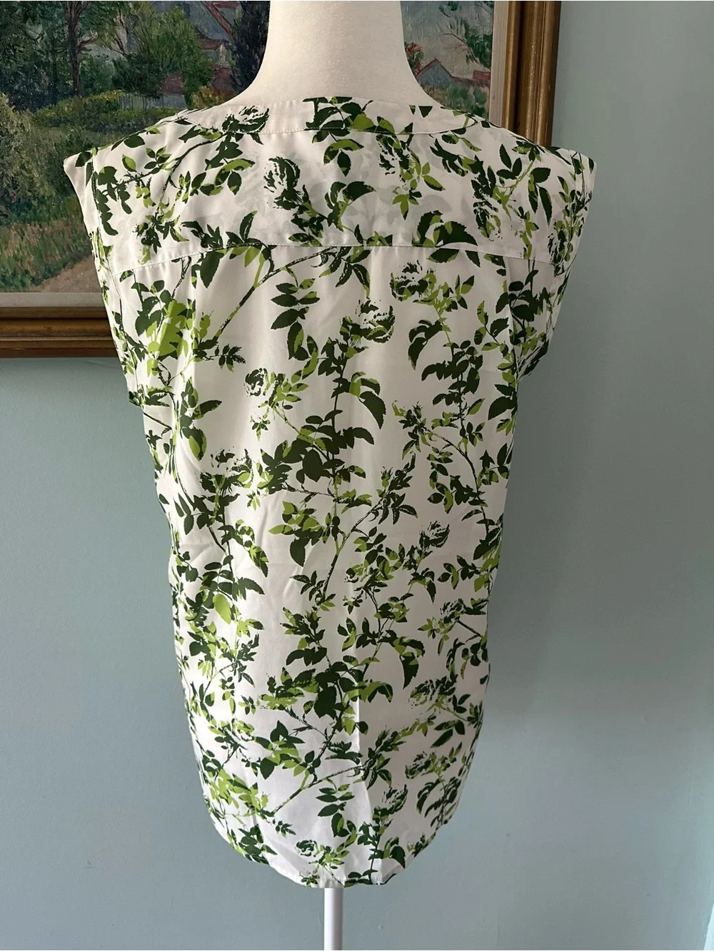 J. Crew White Sleeveless Top with Green Botanical Print